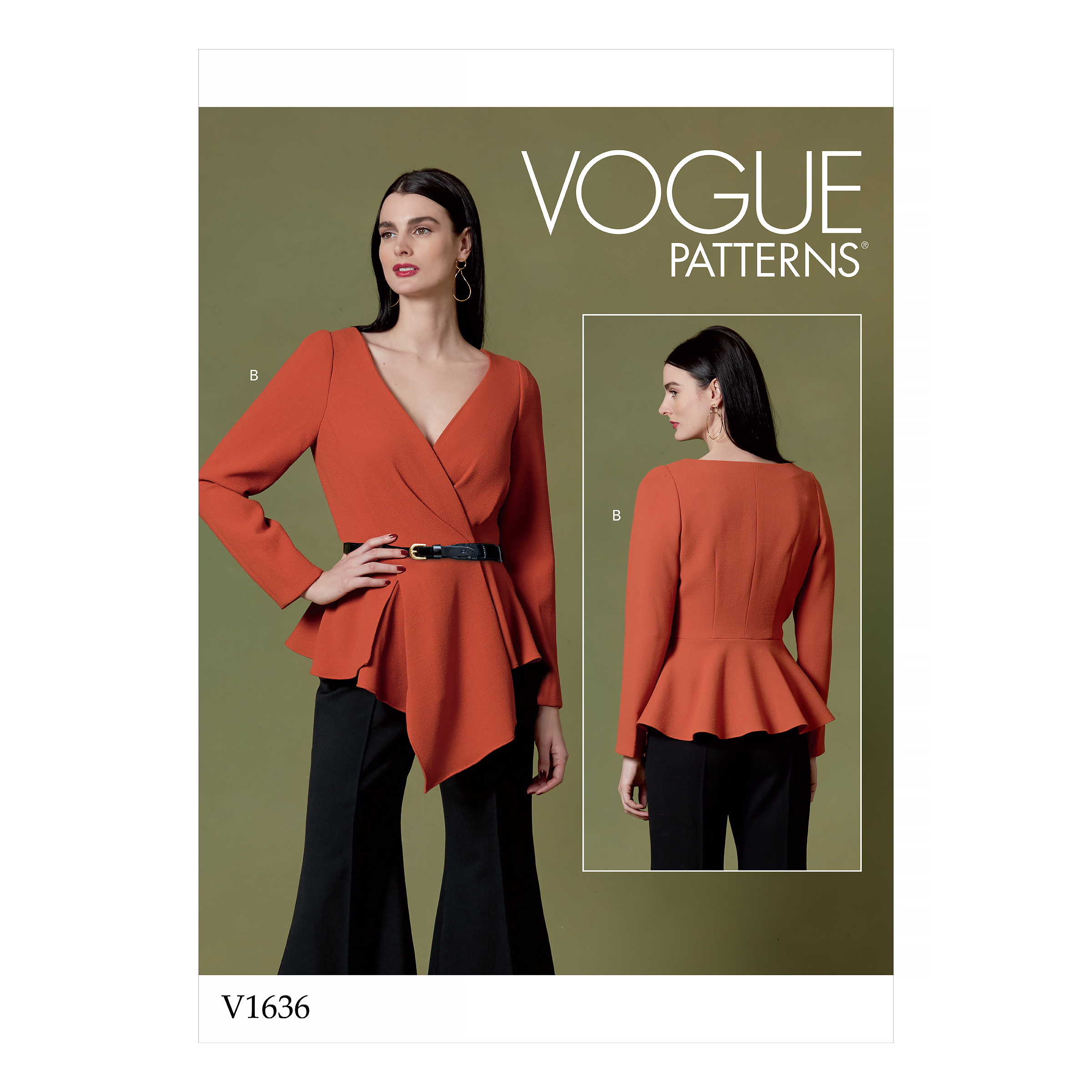 V1636 Fitted wrap top has pleats and tucks