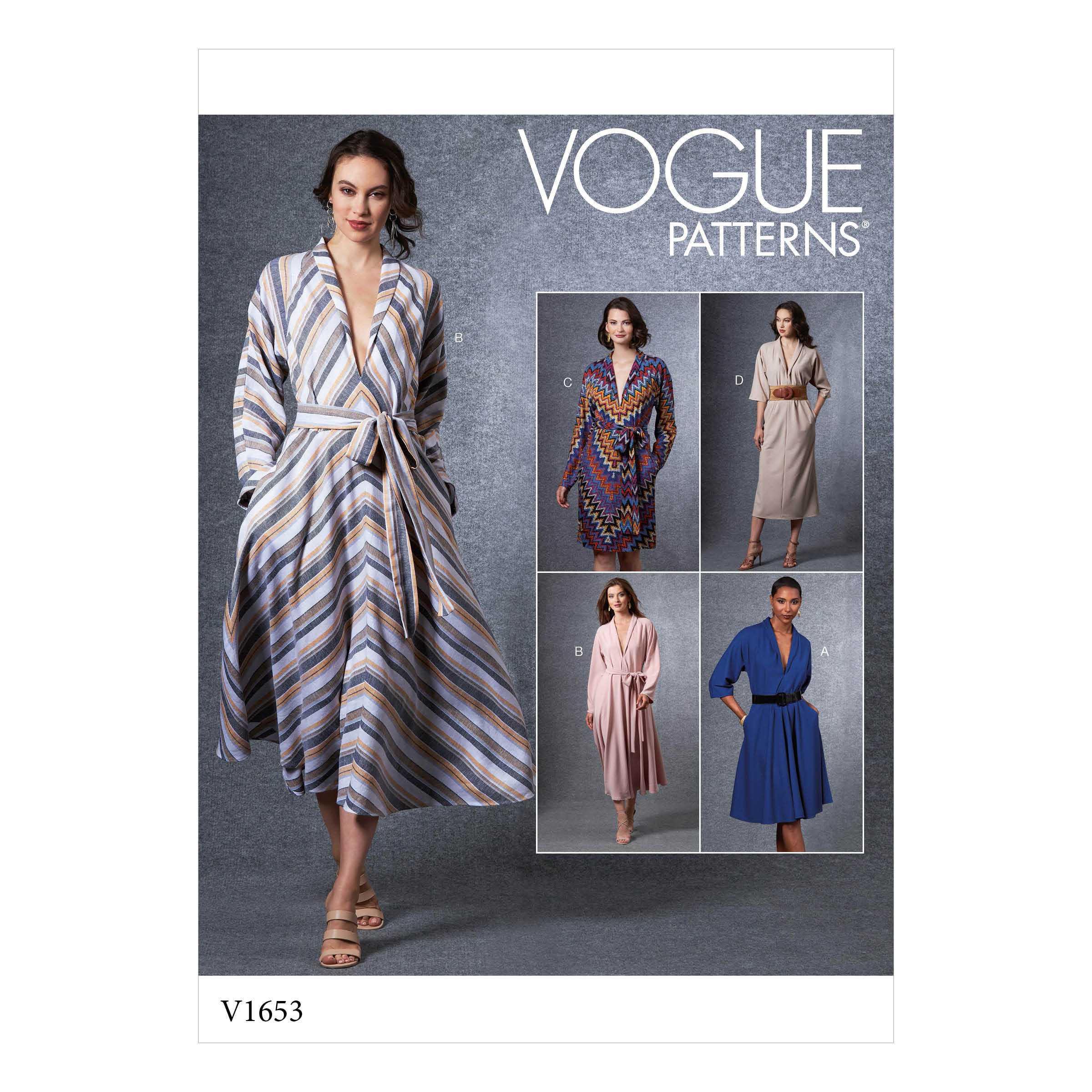 V1653 Loose fitting dress has lapel collar and side seam pockets with skirt and length variations