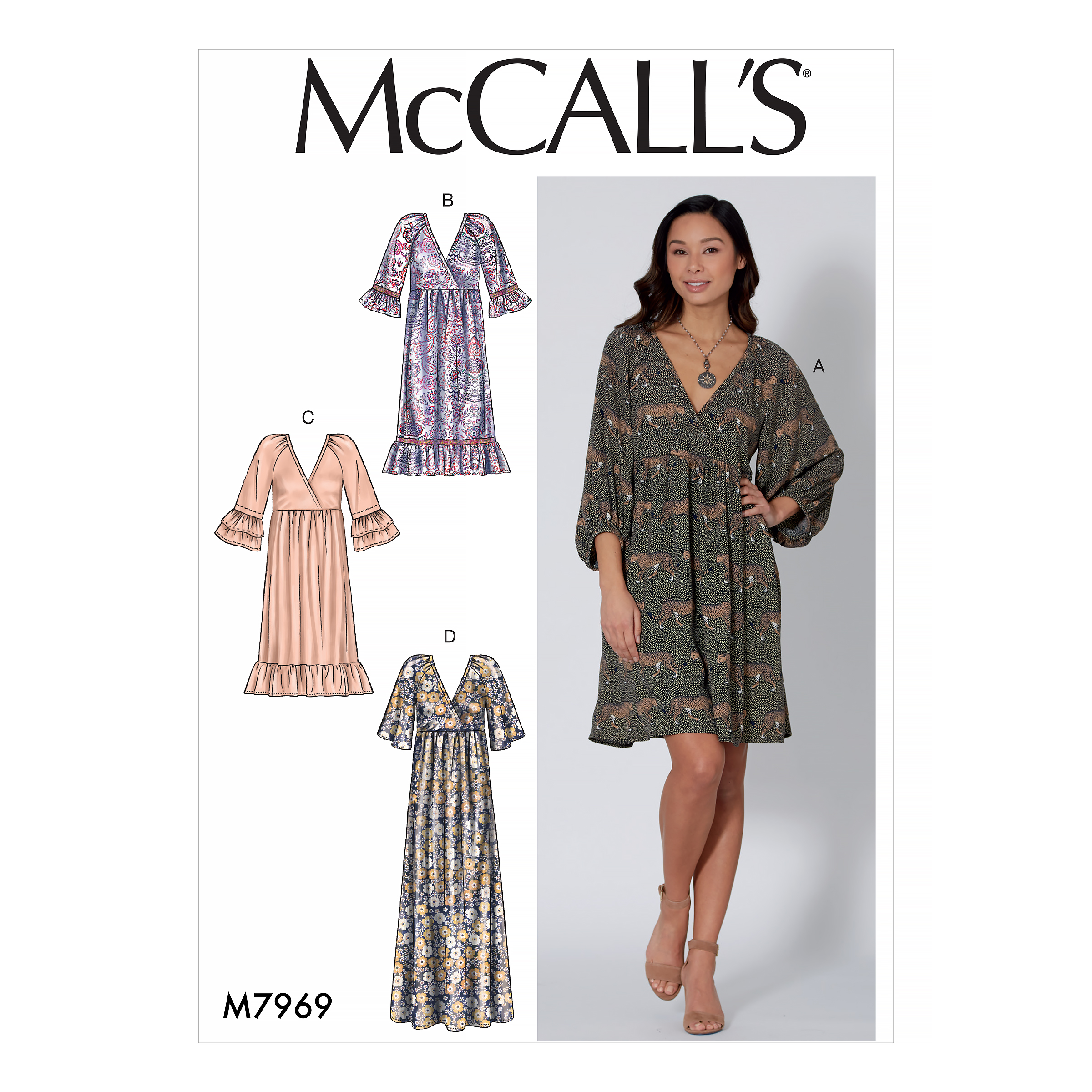 M7969 Very loose-fitting, pullover dresses have sleeve variations