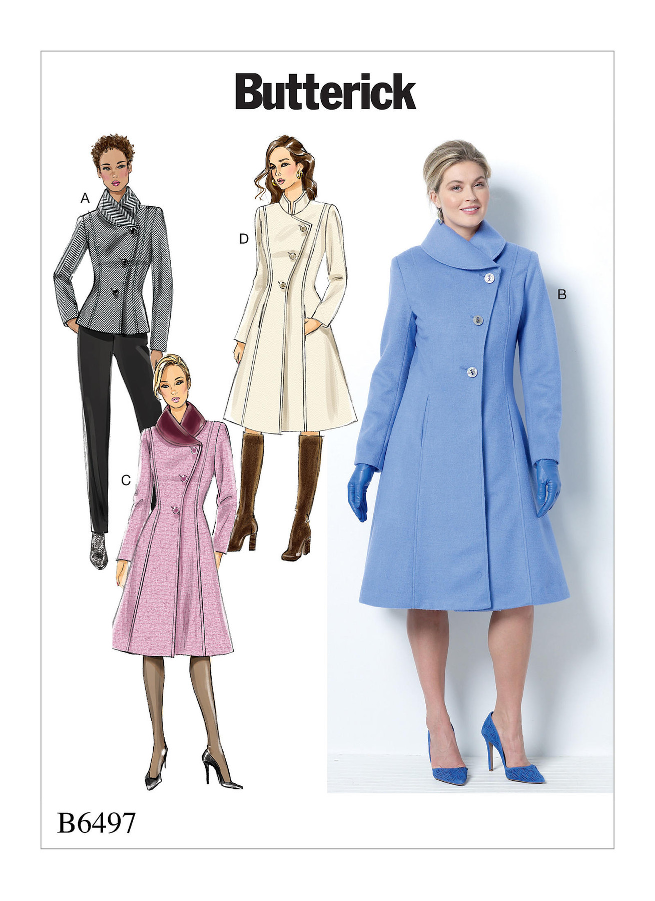 B6497 Jacket and Coats with Asymmetrical Front and Collar Variations