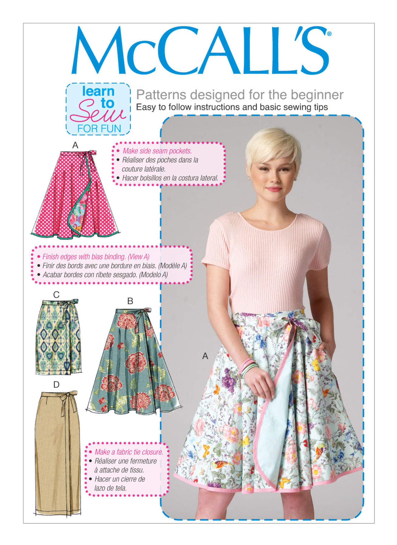 M7129 Wrap skirts have waistband with tie ends, and side pockets