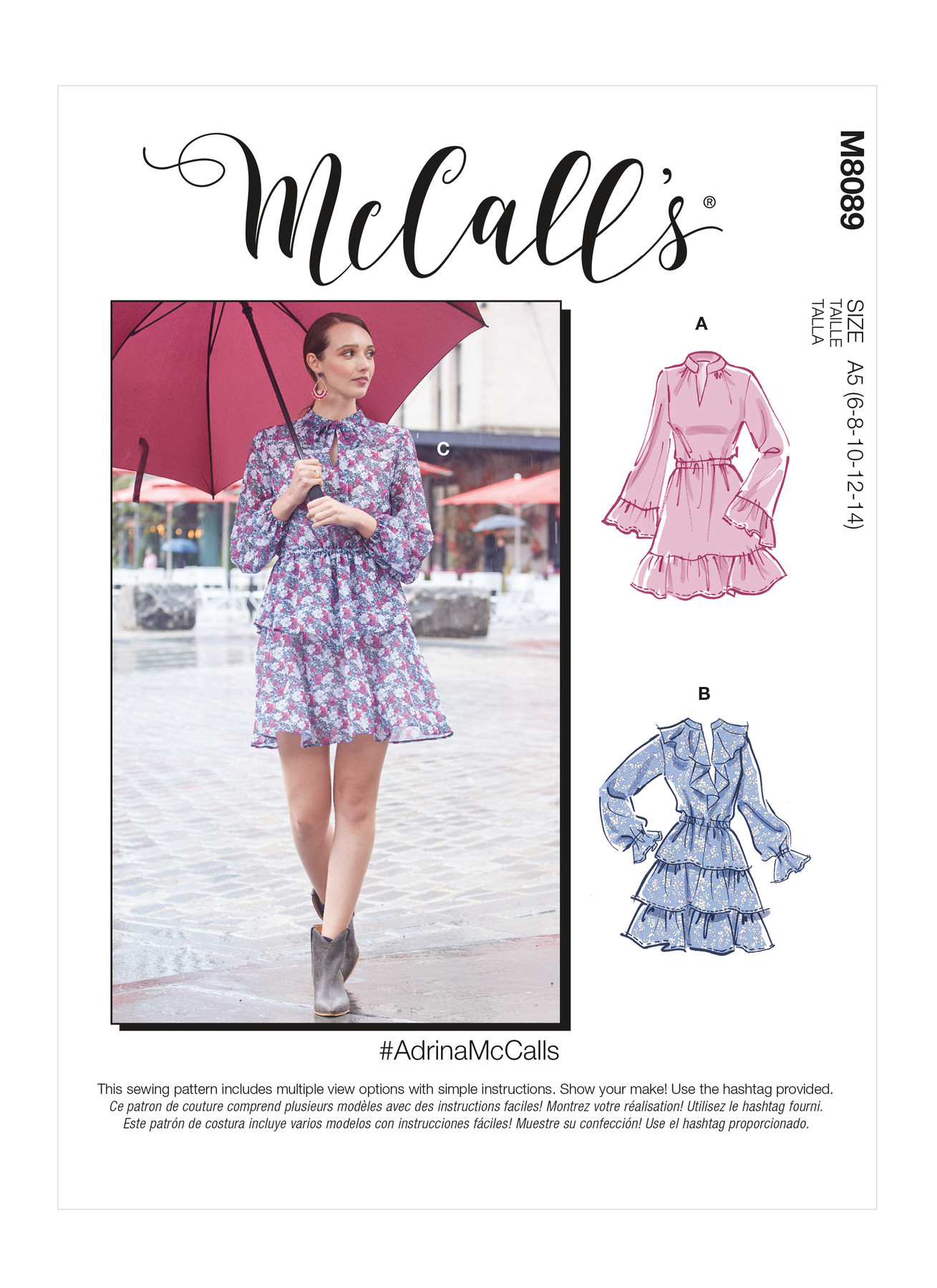 M8089 Elastic waist dress has sleeve and skirt ruffle variations