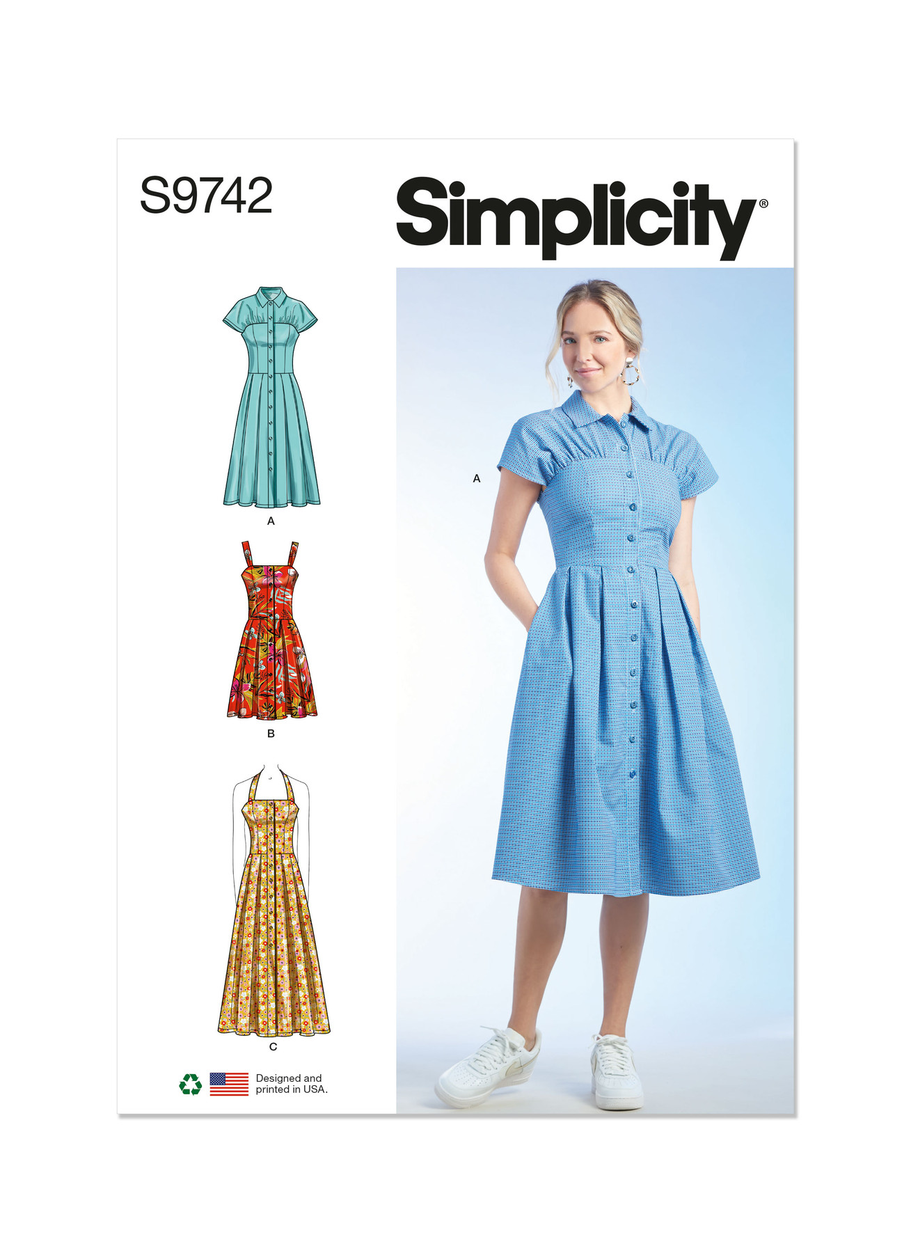 S9742 Button front dresses in three lengths have princess seams