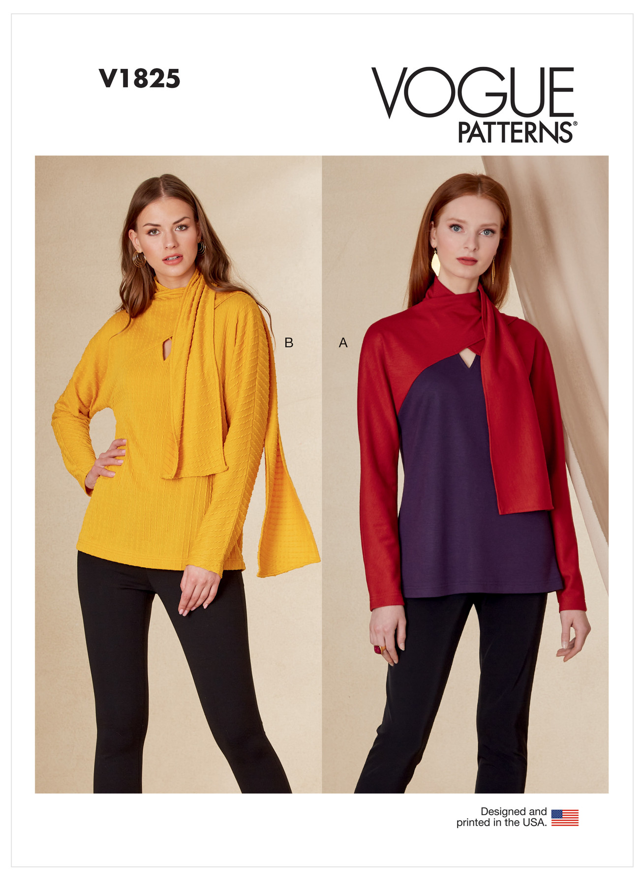 V1825 Fitted, knit top with scarf neckline