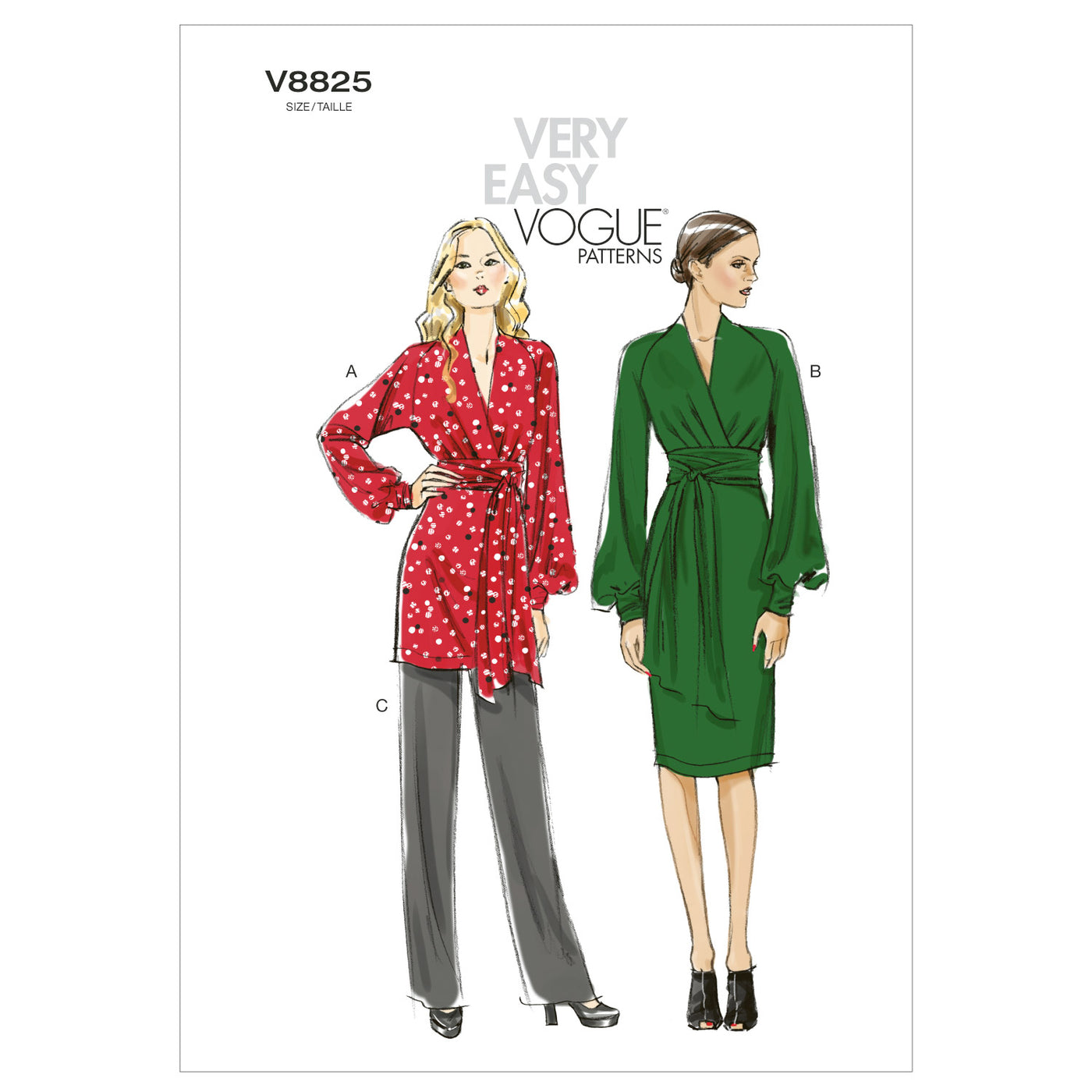 V8825 Pullover tunic or dress, fitted, straight-legged pants