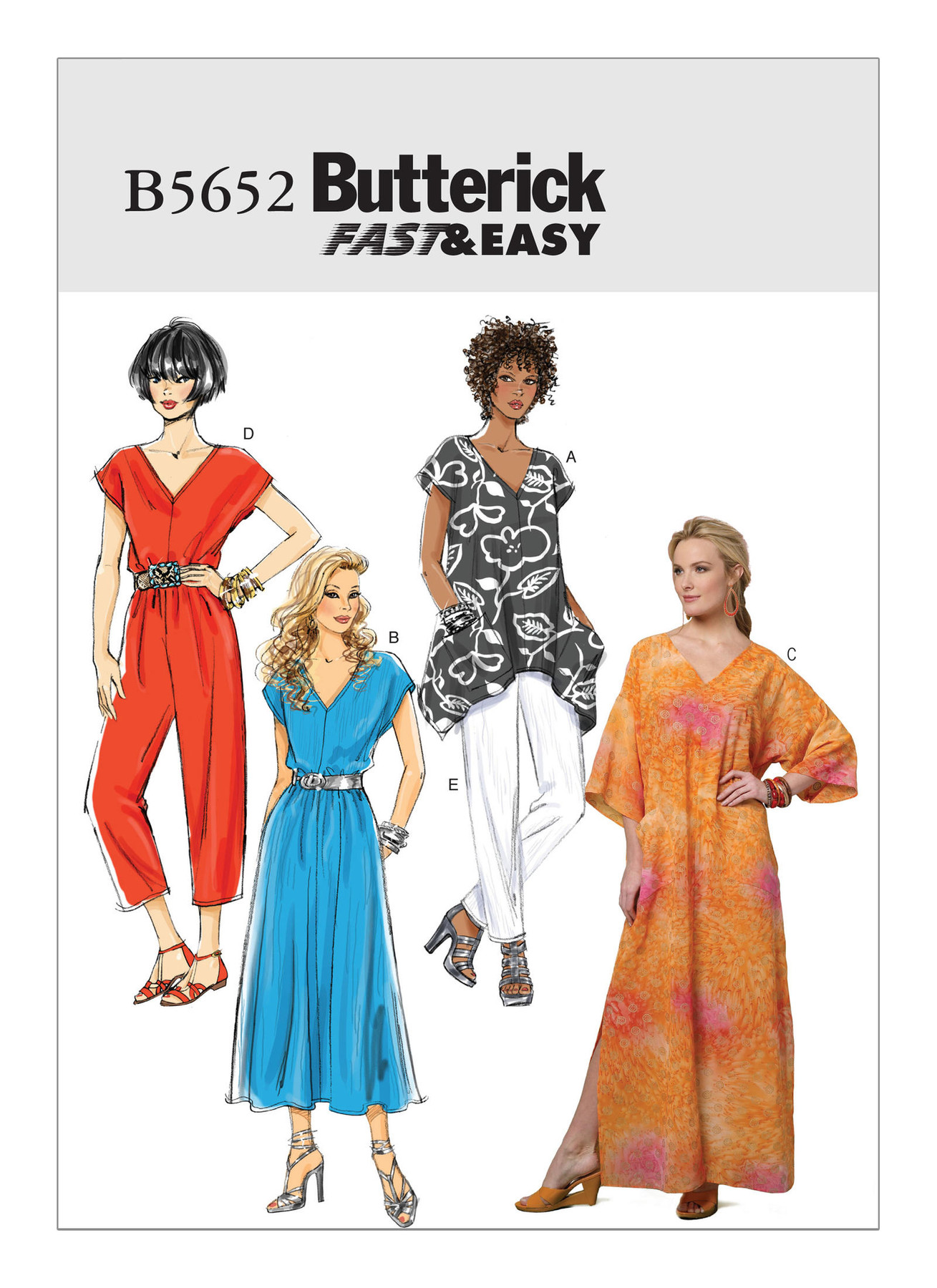 B5652 V-Neck Top, Dress, Caftan, Jumpsuit and Pants