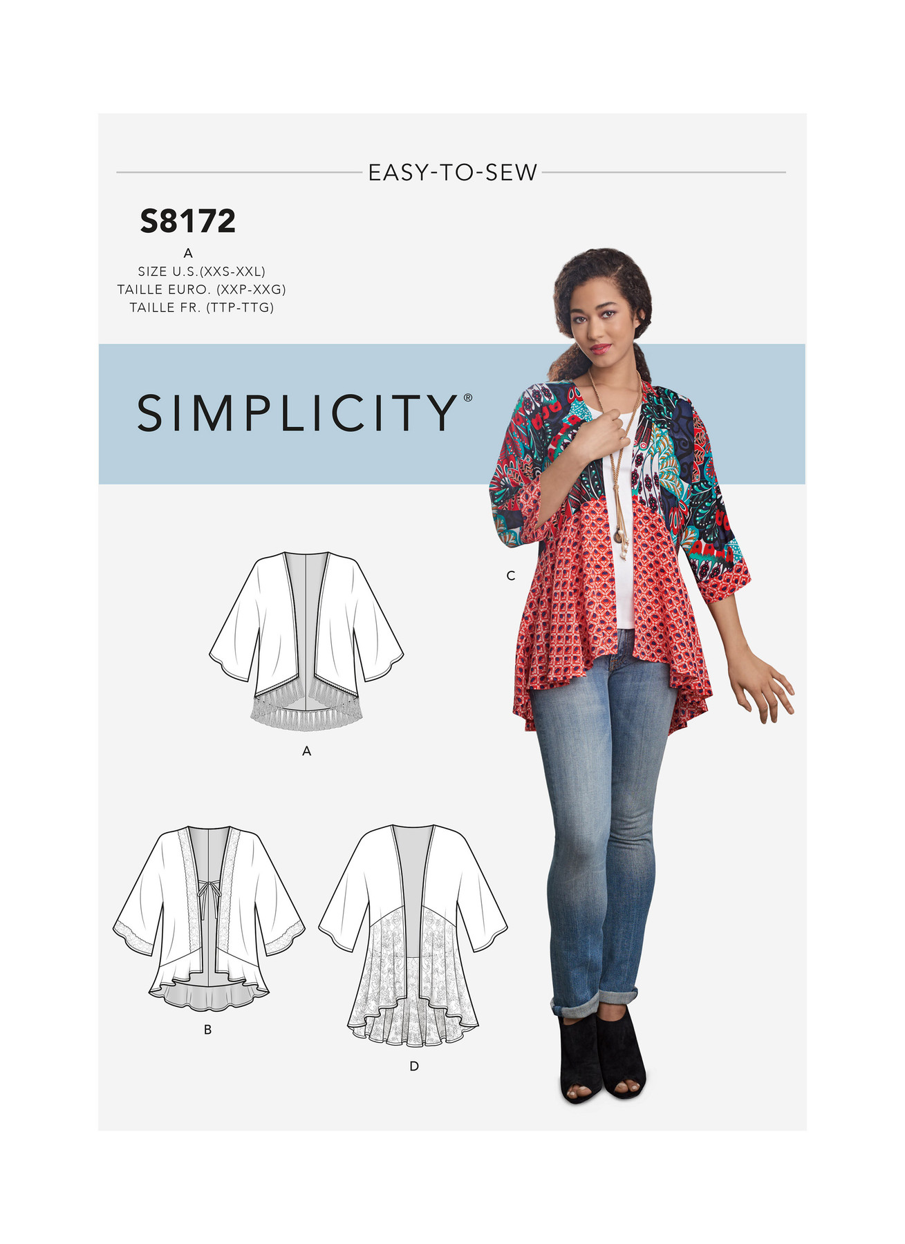 S8172 Misses’ Fashion Kimonos with Length, Fabric and Trim Variations