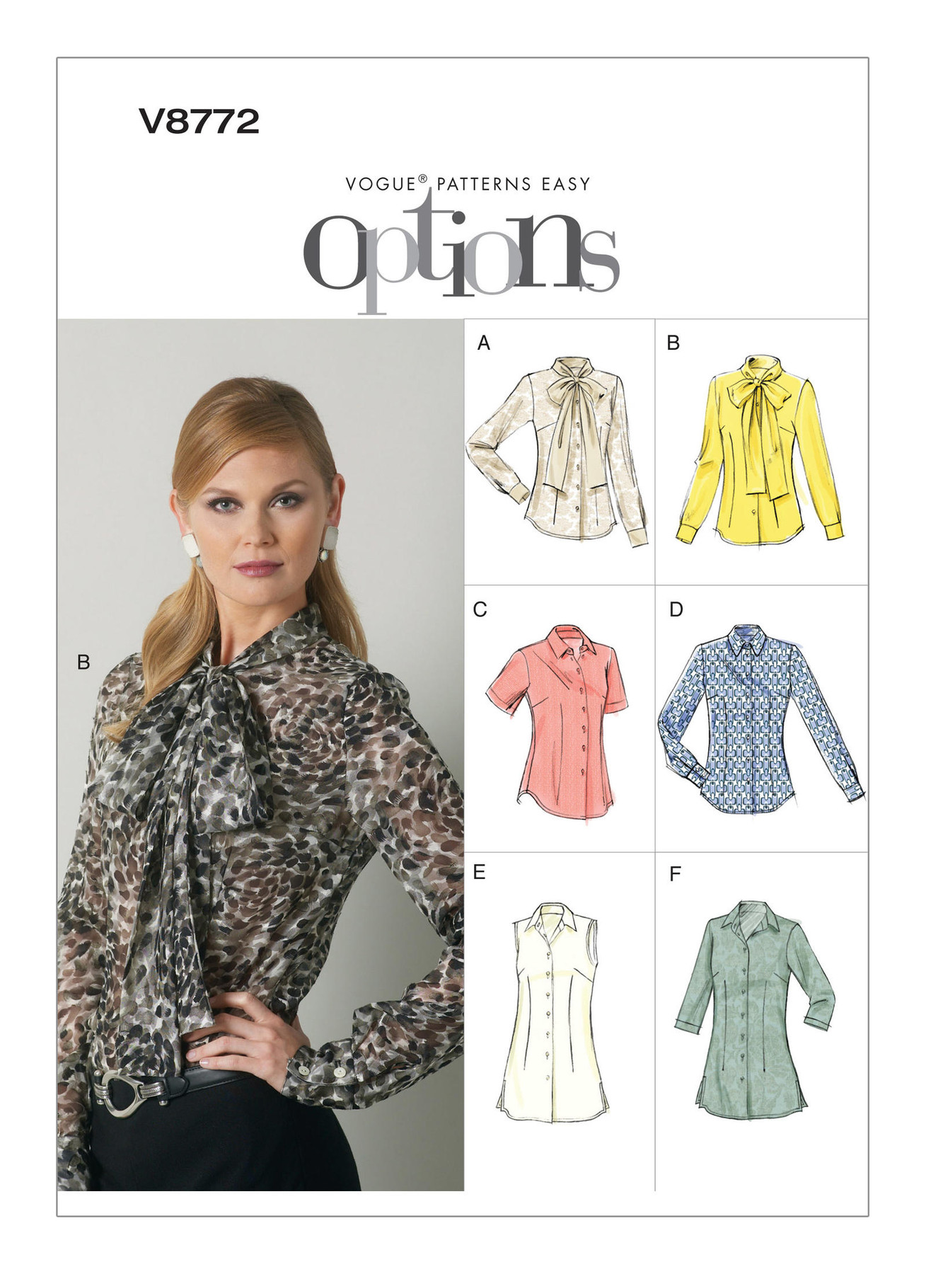 V8772 Misses’ Pointed Collar or Pussycat Bow Blouses